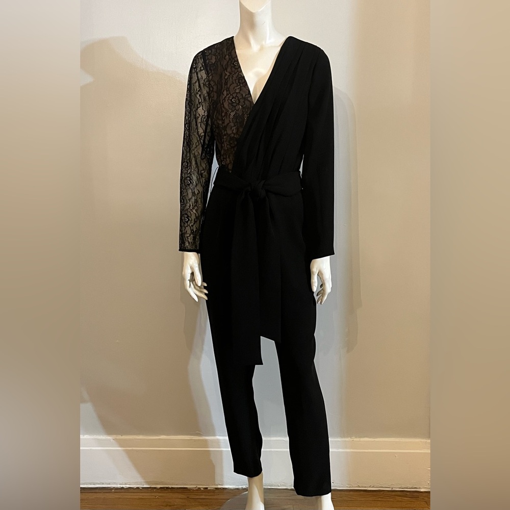 Elegant Worth New York Lana Black Lace Sleeve Jumpsuit